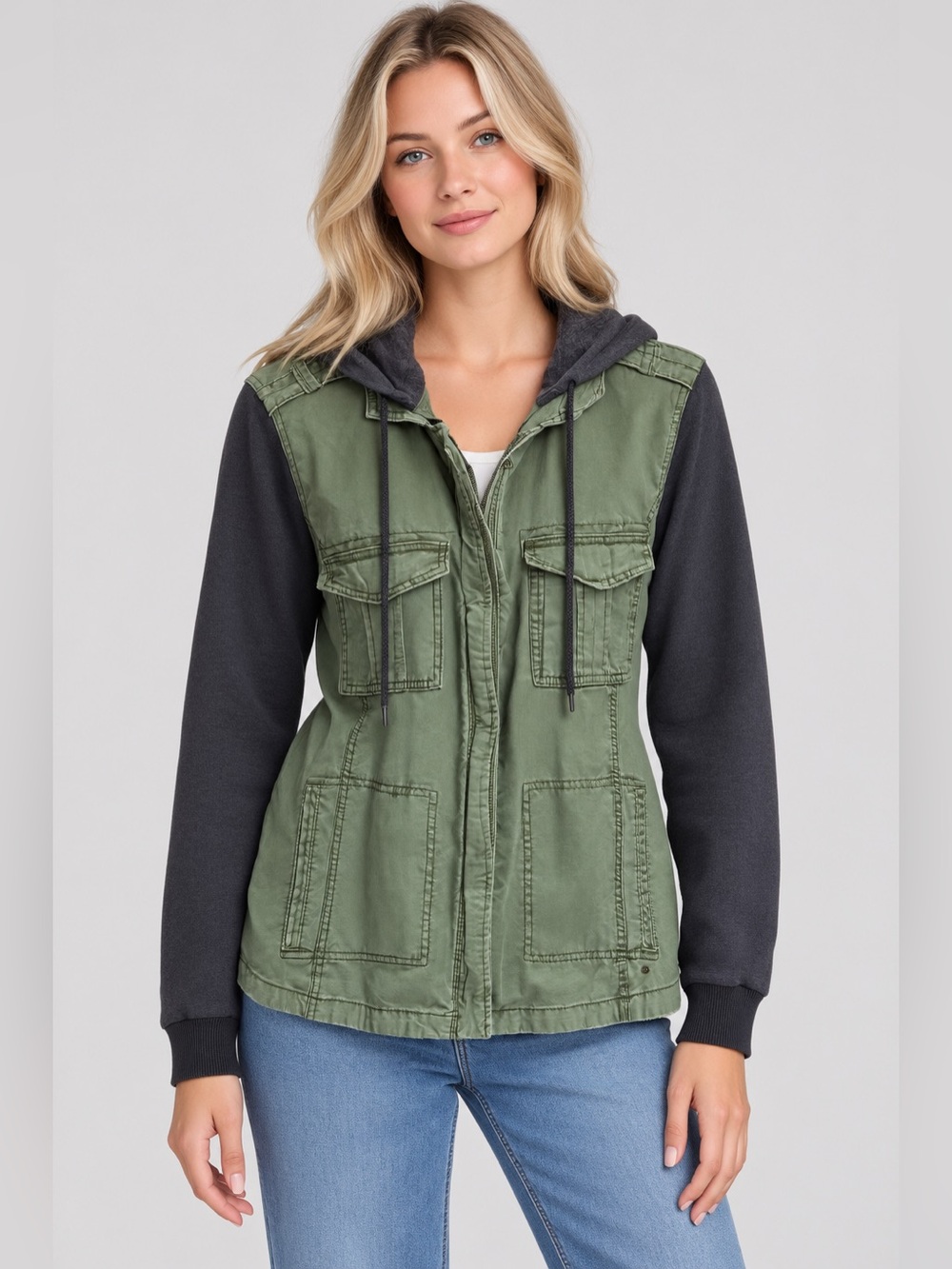 AE American Eagle Army Green Grey Fleece Sleeve Military Jacket XL